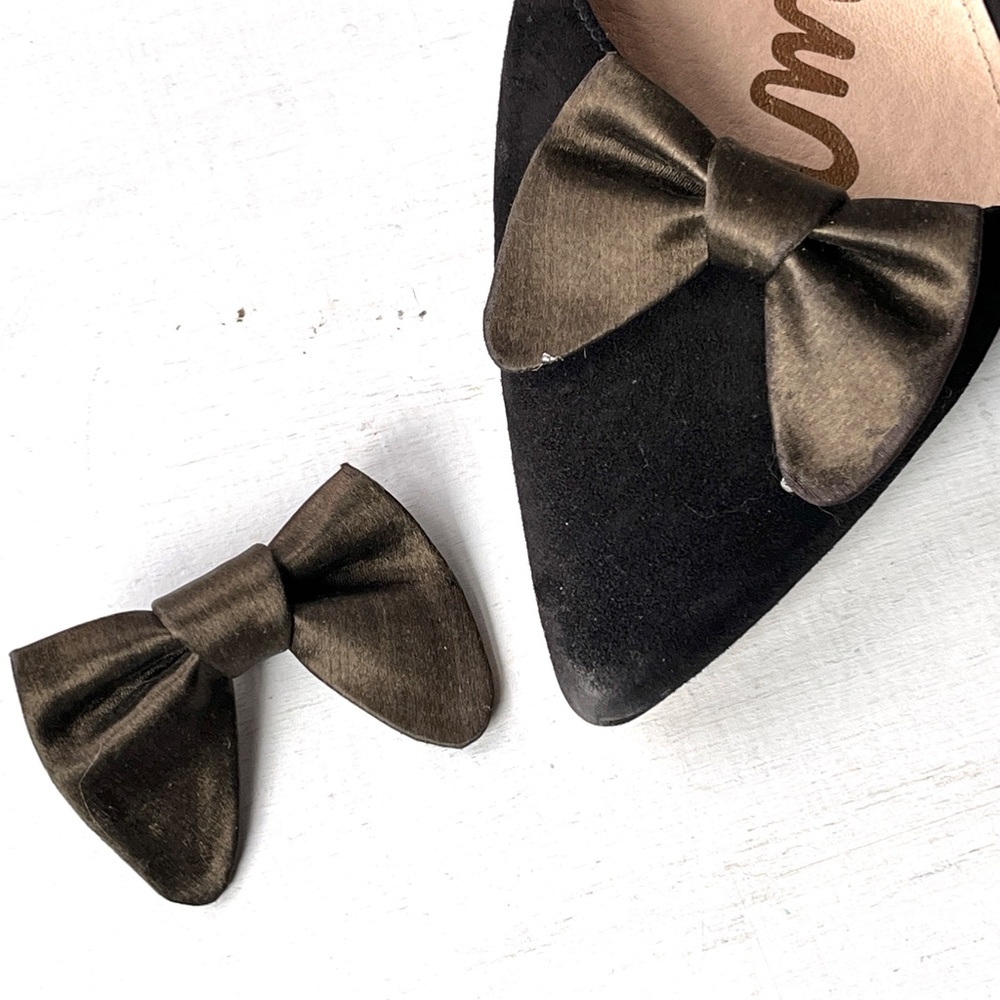 1940's Satin Bronze Brown Bow Shoe Clips,  Vintage Feminine Romantic Sweater Pin